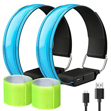 MoKo Running Light for Runners 2Pack Rechargeable with 3 Light Modes, High Visibility LED Wrist Arm Ankle Light Up Bands for Running Night Walking Reflector Gear with Reflective Slap Bands, Blue+Green