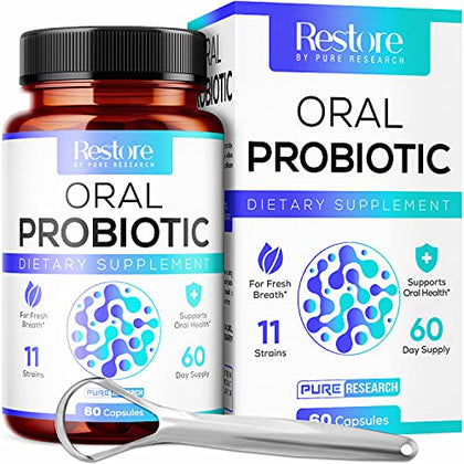 Oral Probiotics & Tongue Scraper for Bad Breath Support, Oral Health Maintenance, Fresh Breath Aid - 6 Probiotic Strains W/BLIS M18 - Supportive Oral Probiotic - 60 Mint Chewable Tablets - New Formula