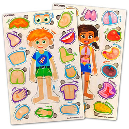 Wooden Puzzles for Kids Ages 4-6 - Montessori Puzzles for Toddlers 3-5 by QUOKKA - Preschool Game Learning Human Body Parts Anatomy Skeleton - Educational Toys for Boy & Girl