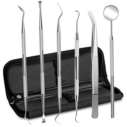 Dental Hygiene Tool Set Stainless Steel Dental Pick and Tweezers, Gum Floss, Tooth Scraper Plaque Tartar Remover for Personal Oral Care & Pet Use (6 Pack)