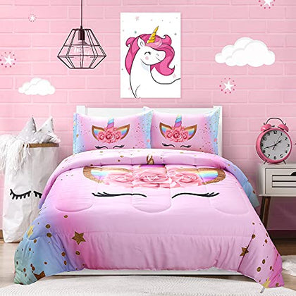 Oecpkd Unicorn Comforter Set Rainbow Soft Girls Unicorn Bedding with 1 Comforter 2 Pillowcases Pink Flower Unicorn Bedding Sets for Girls Twin Size