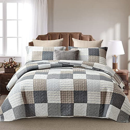 Y-PLWOMEN Quilt Set King Size, 100% Cotton King Size Quilt, Patchwork Plaid Quilted Bedspread, Lightweight Reversible Comforter Quilt Bedding Set for All Season, Grey/Brown/White, 3-Pieces