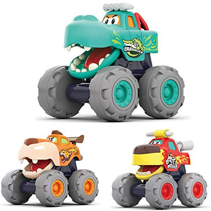 MOONTOY Toy Cars for 1 2 3 Year Old Boys, 3 Pack Friction Powered - Bull Truck, Leopard Truck, Crocodile Trucks, Push and Go Toy Cars for Toddler Boys Baby Gift.