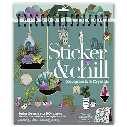 Sticker & Chill Sticker Book for Adults - 800+ Repositionable Clings Create Designs on 10 Spiral Bound Scene Pages - Easy, Fun & Stress Relieving Relaxation Activity - Succulents & Crystals Series
