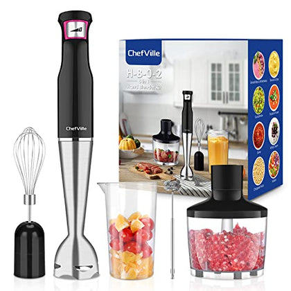 ChefVille Immersion Blender, Electric Hand Blender with Turbo Mode, 5-In-1 Stainless Steel Handheld Blender Stick Mixer with Egg Whisk, Beaker & Chopper Bowl, Hand Mixer for Soup, Smoothie, Puree, Baby Food