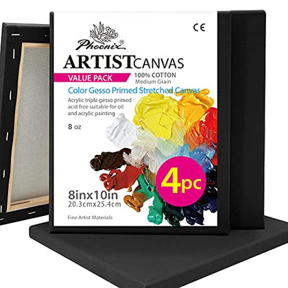 PHOENIX Black Stretched Canvas, 8x10 Inch/4 Pack - 3/4 Inch Profile, 8 Oz Quadruple Gesso Primed 100% Cotton Blank Black Canvases for Acrylic, Oil, Tempera, Metallic, Neon Painting & Crafts