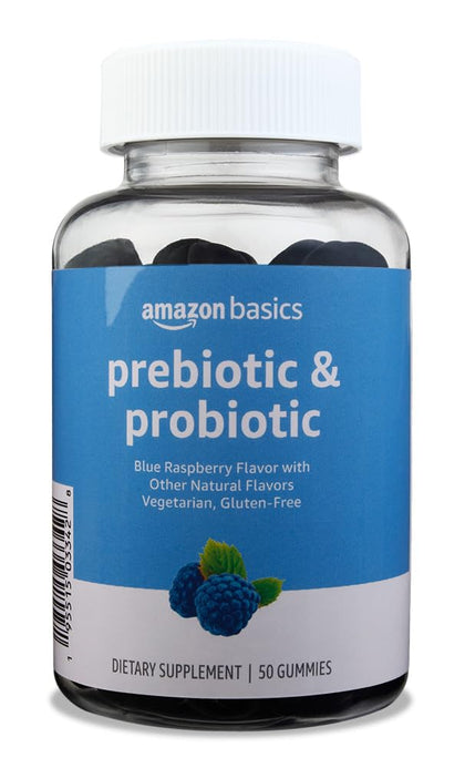 Amazon Basics Prebiotic & Probiotic Gummies, 2 Billion CFU, Blue Raspberry, 50 Count (2 per Serving) (Previously Solimo)