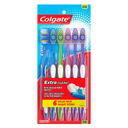 Colgate Extra Clean Toothbrush, Medium Bulk Toothbrush Pack, Adult Medium Bristle Toothbrushes with Ergonomic Handle and Circular Cleaning Bristles, Helps Remove Surface Stains, 6 Pack, Multicolored