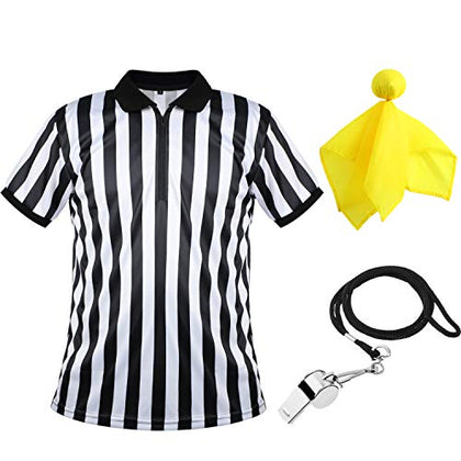 Men's Official Umpire Jersey, Black and White Stripe Overturned Collar Referee Shirt, Yellow Penalty Flag and Stainless Steel Whistle with Lanyard for Basketball Football Soccer (Small)