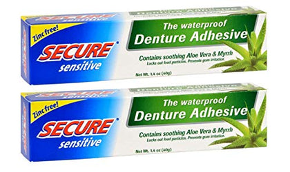Secure Sensitive Denture Adhesive with Aloe Vera & Myrrh - 12-Hour Max Hold - Patented Waterproof Seal - for All Denture Types - Food Grade Ingredients - FSA HSA Approved - 1.4 oz