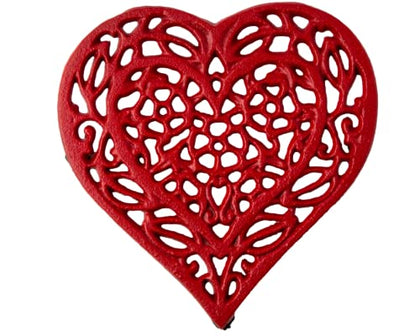 Cast Iron Heart Trivet | Decorative Cast Iron Trivet for Kitchen Countertop Or Dining Table | Vintage Design | 6.75X6.5 | with Rubber Pegs/Feet - Recycled Metal | Red Color
