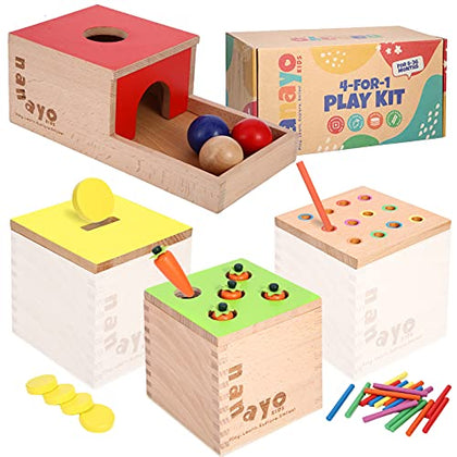 nanayo 4-for-1 Play Kit Includes Object Permanence Box, Montessori Coin Carrot Harvest Game, Matchstick Color Drop Game - Toys for Babies 6-12 Months, 1 Year, 2 Year and 3