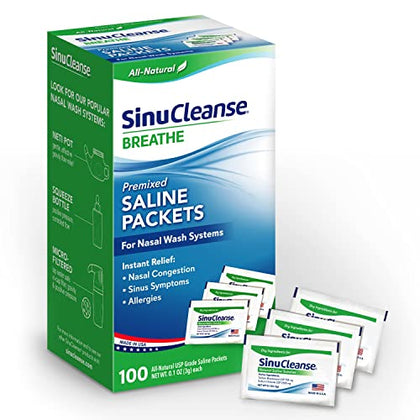 SinuCleanse Pre-Mixed Saline Packets for Nasal Wash Irrigation Systems, 100 Count, All-Natural, Pharmaceutical Grade, and PH Balanced - Made in USA