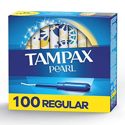 Tampax Pearl Tampons Regular Absorbency, With Leakguard Braid, Unscented, 50 Count x 2 Packs (100 Count total)