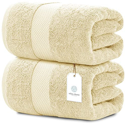 White Classic Luxury Bath Sheet Towels Extra Large | Highly Absorbent Hotel spa Collection Bathroom Towel | 35x70 Inch | 2 Pack (Beige)
