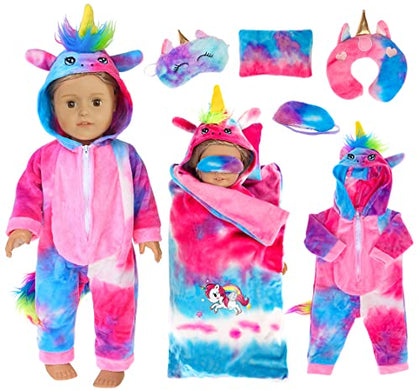 ebuddy 18 inch Doll Clothes and Accessories-Unicorn Doll Costume Colorful Tie-Dyed Pajamas Sleeping Bag Set for 18 inch Girl Doll,Most 18 Inch Dolls(No Doll)