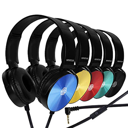 Classroom Headphones With Microphone Bulk 10-Pack, Student On Ear Comfy Swivel Earphones for Library, School, Airplane, Online Learning and Travel, HQ Stereo Sound 3.5mm Jack (Colored With Microphone)