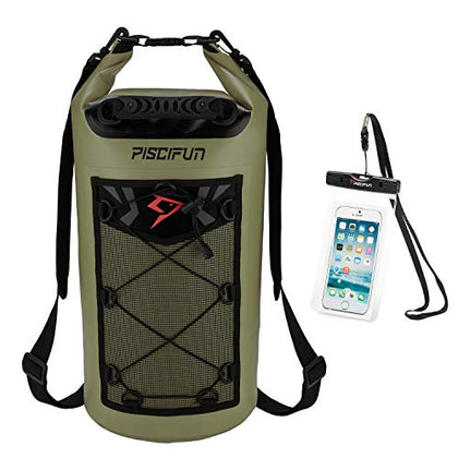 Piscifun Dry Bag, Waterproof Floating Backpack with Waterproof Phone Case for Kayking, Boating, Kayaking, Surfing, Rafting and Fishing, Army Green 5L