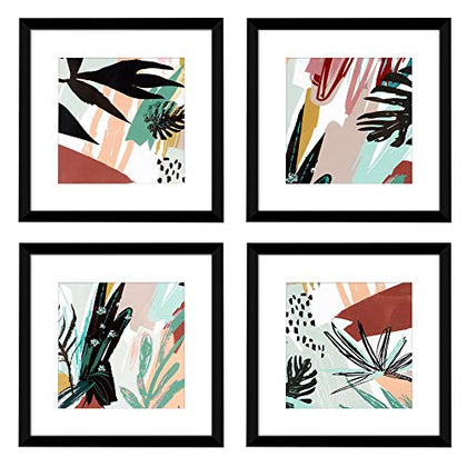 ArtbyHannah 10x10 Inch Abstract Wall Art Framed with Black Frames and Tropical Plant Prints for Bedroom or Home Decor, Set of 4