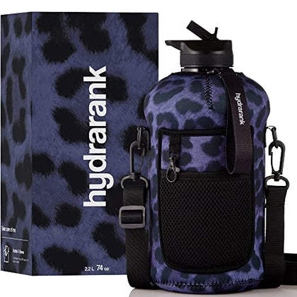HYDRARANK Half Gallon Water Bottle with Storage Sleeve and Straw Lid - BPA Free Large Gym Water Bottle - Leak Proof - Reusable Water Jug with Strap, Handle for Daily Hydration (74 Ounce)