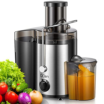 Qcen Juicer Machine, 500W Centrifugal Juicer Extractor with Wide Mouth 3 Feed Chute for Fruit Vegetable, Easy to Clean, Stainless Steel, BPA-free (Black)