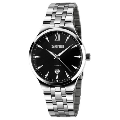 SKMEI Business Men's Brand Watch Stainless Steel Band Date Display Good Looking Luminous Pointer Quartz Wristwatch (Silver+Black)