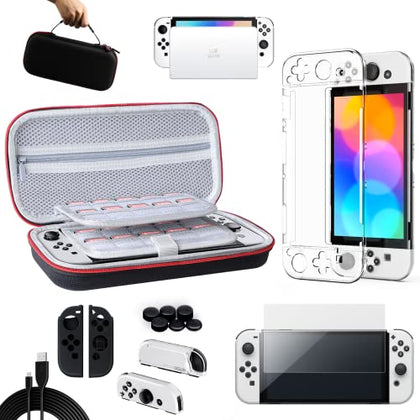 Benazcap Case Compatible with Nintendo Switch OLED Model 2021, 14 in 1, Accessories Kit with Carrying Case, Clear Cover, Screen Protector and More