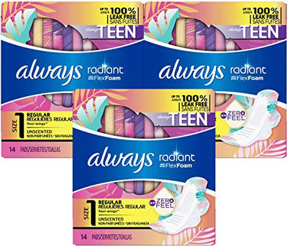 Always Radiant Teen Pads Get Real Regular, 14-Count (Pack of 3) Always Radiant Teen Pads Get Real Regular, 14-Count (Pack of 3)