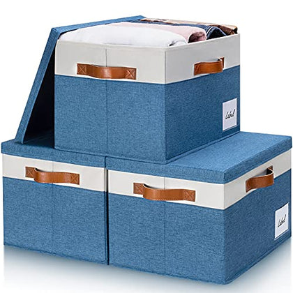 GhvyenntteS Fabric Storage Bins with Lids (3-Pack) Large Closet Storage Bins with Lid and 3 PU Handles, Foldable Fabric Storage Boxes with Label Window for Home Bedroom Office (Blue, 15