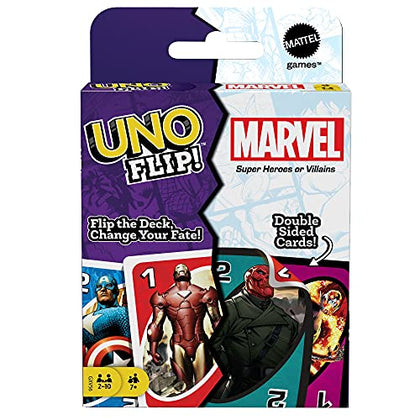 Mattel Games UNO Flip! Marvel Card Game for Kids, Adults & Family Night with Double-Sided Cards, Heroes Vs. Villains
