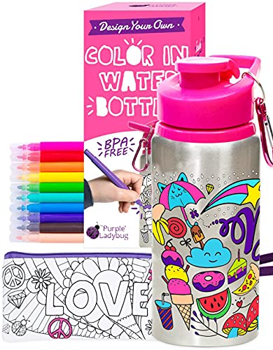 PURPLE LADYBUG Decorate Your Own Water Bottle for Girls Craft Set - Fun 7 Year Old Girl Gifts, Birthday Present for 10 Year Old Girl, Gifts for a 11 Year Old Girl, Stocking Stuffers for Girls 6-8