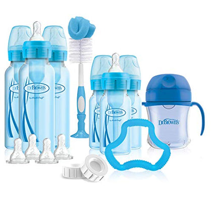 Dr. Brown's Natural Flow Anti-Colic Options+ Special Edition Blue Baby Bottle Gift Set with Soft Sippy Spout Transition Cup, Flexees Teether, Bottle Cleaning Brush and Travel Caps