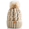 PAGE ONE Womens Winter Ribbed Beanie Crossed Cap Chunky Cable Knit Pompom Soft Warm Hat Beige