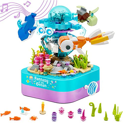 PREBOX Music Box Building Toys for Girls and Boys 8 9 10 11 12+ Year Old - Ideal Gifts for Kids Age 8-12 8-14, STEM Project and Activities, Best Birthday Gifts, Rotate with Music, Ocean