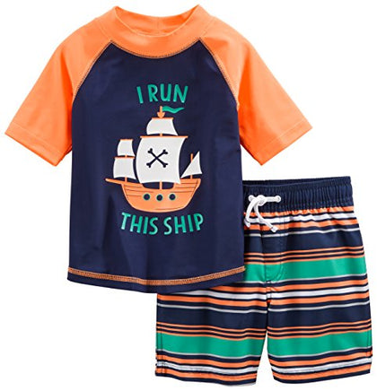 Simple Joys by Carter's Baby Boys' Swimsuit Trunk and Rashguard Set, Orange/Blue, Ships, 24 Months