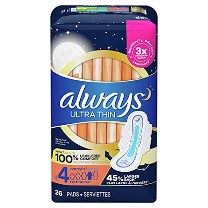 Always Ultra Thin Feminine Pads with Wings for Women, Size 4, Overnight Absorbency, Unscented, 26 Count x 3 Packs (78 Count total)