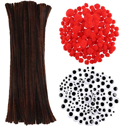 450 Pieces Christmas Pipe Cleaners Sets, Including 100 Pieces Brown Chenille Stem, 200 Pieces Red Pom Poms and 150 Pieces Self Adhesive Wiggle Eyes for DIY Crafts