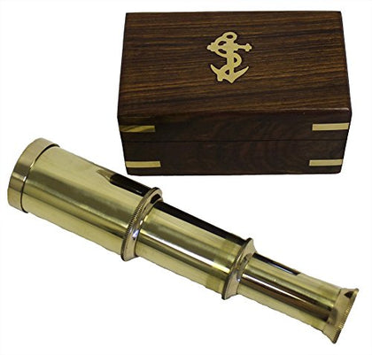 6 Solid Brass Handheld Telescope - Nautical Pirate Spy Glass with Wood Box Rustic Vintage Home Decor Gifts
