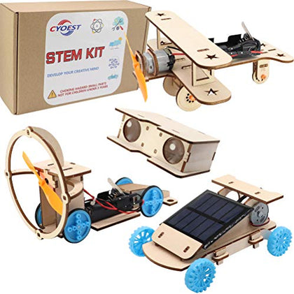 DIY Wooden Science Experiment Model Kit Solar Power Car,Electric Motor Biplane Glider,Toy Binoculars and Wind Power Car,STEM Educational Building Project for Kids Boys & Girls,4 in 1 Set