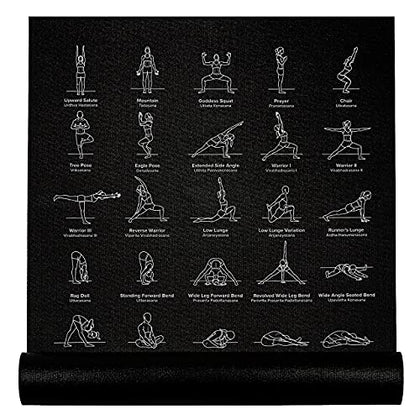 NewMe Fitness Yoga Mat for Women and Men - Large, 5mm Thick, 68 Inch Long, Non Slip Exercise Mats w/ 70 Printed Yoga Poses for Pilates, Workout and Stretching - Home and Gym Essentials - Black