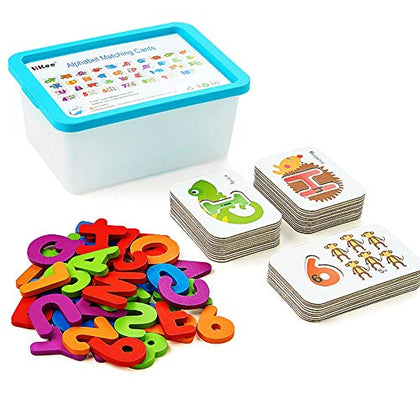 LIKEE Alphabet Number Flash Cards Wooden Letter Puzzle ABC Sight Words Match Games Counting Board Preschool Educational Montessori Toys for Toddlers Boys Girls 3+ Years (36 Cards& 37 Block)