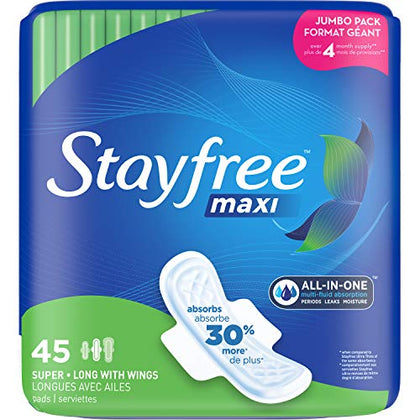 Stayfree Maxi Super Long Pads with Wings For Women, Reliable Protection and Absorbency of Feminine Periods, 45 count