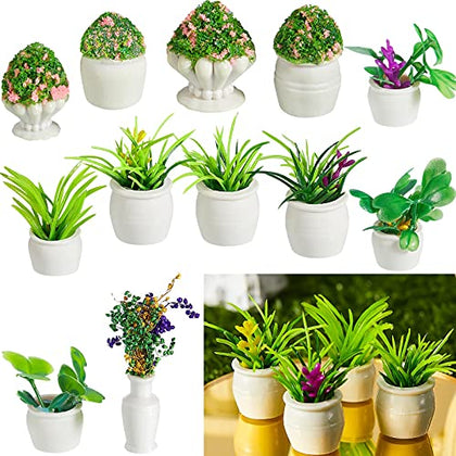 Chuangdi 12 Pieces Miniature Dollhouse Plant Flowers Mini Potted Plant Artificial Tiny Greenery Ornament Miniature Hanging Potted Plant Faux Flower Model Dollhouse Decoration, 6 Types