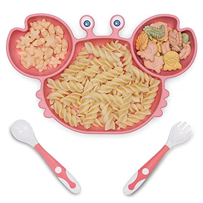ROCCED Suction Plates for Baby, Silicone Plates with Suction Divided, Baby Spoon Fork Set for Toddler Baby Dishes Kids Plates and Utensils-Crab Pink
