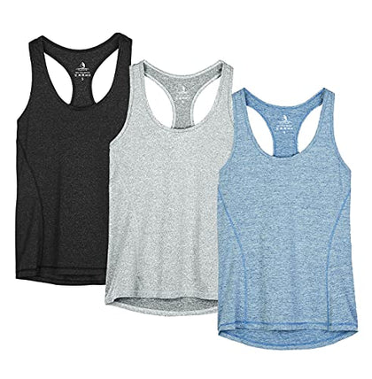 icyzone Workout Tank Tops for Women - Racerback Athletic Yoga Tops, Running Exercise Gym Shirts(Pack of 3)(XS, Black/Granite/Blue)