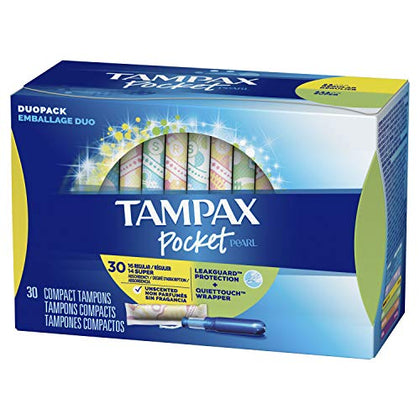 Tampax Pocket Pearl Plastic Tampons, Duopack (Regular/Super Absorbency), Unscented, 30 Count (Packaging May Vary)