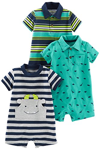 Simple Joys by Carter's Baby Boys' Rompers, Pack of 3, Green Dinosaur/Navy Stripe/Yellow Stripe, 3-6 Months