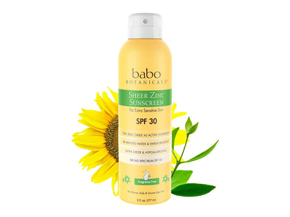 Babo Botanicals Sheer Zinc Continuous Sunscreen Spray SPF30 - Natural Zinc Oxide - Extra Sensitive Skin - Water Resistant - Vegan - Fragrance-Free - Air-Powered Spray - For all ages