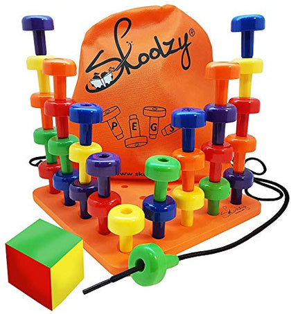 Skoolzy Montessori Sensory Pegboard 33 Piece Set - Develop Sensory Play Occupational Therapy STEM Learning Educational Toys for Kids 2+ - Includes Foam Board, Lacing String, Dice, Storage Bag, eBook