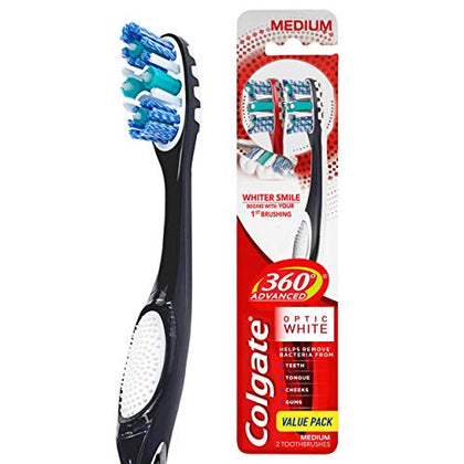 Colgate 360 Optic White Advanced Toothbrush, Medium Toothbrush for Adults,2 Count (Pack of 1)
